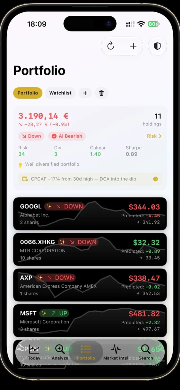 TradingGenie portfolio screen with holdings, risk metrics, and AI direction per position