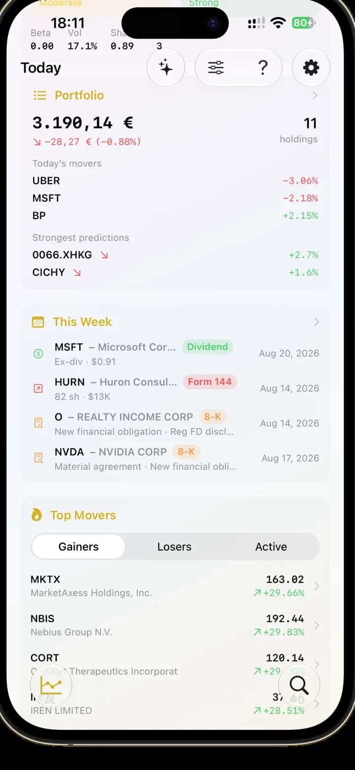 TradingGenie Today screen with portfolio movers, This Week catalysts, and Top Movers