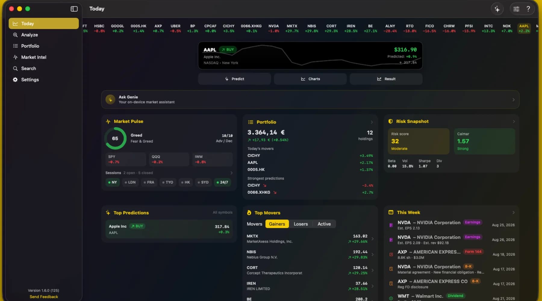 TradingGenie on Mac: Today view with Market Pulse, Portfolio, Risk Snapshot, Top Predictions, Top Movers, and This Week