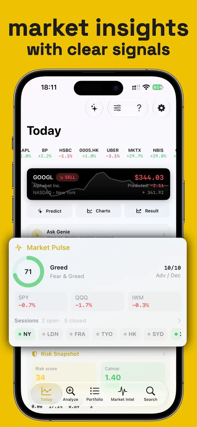 TradingGenie screenshot: iPhone — Today & Market Pulse